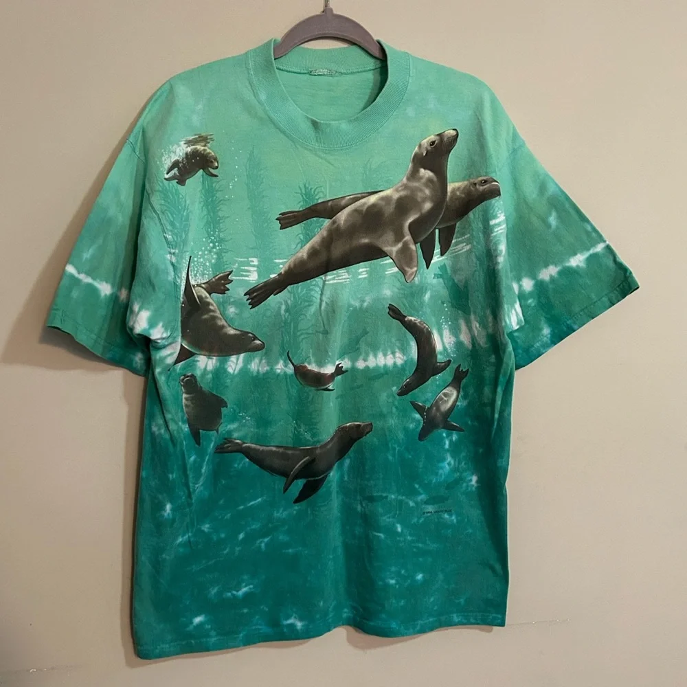 Vintage 90’s Liquid Blue Tie Dye Seals Marine Print T-Shirt Men’s Size L / XL - Picture 1 of 9